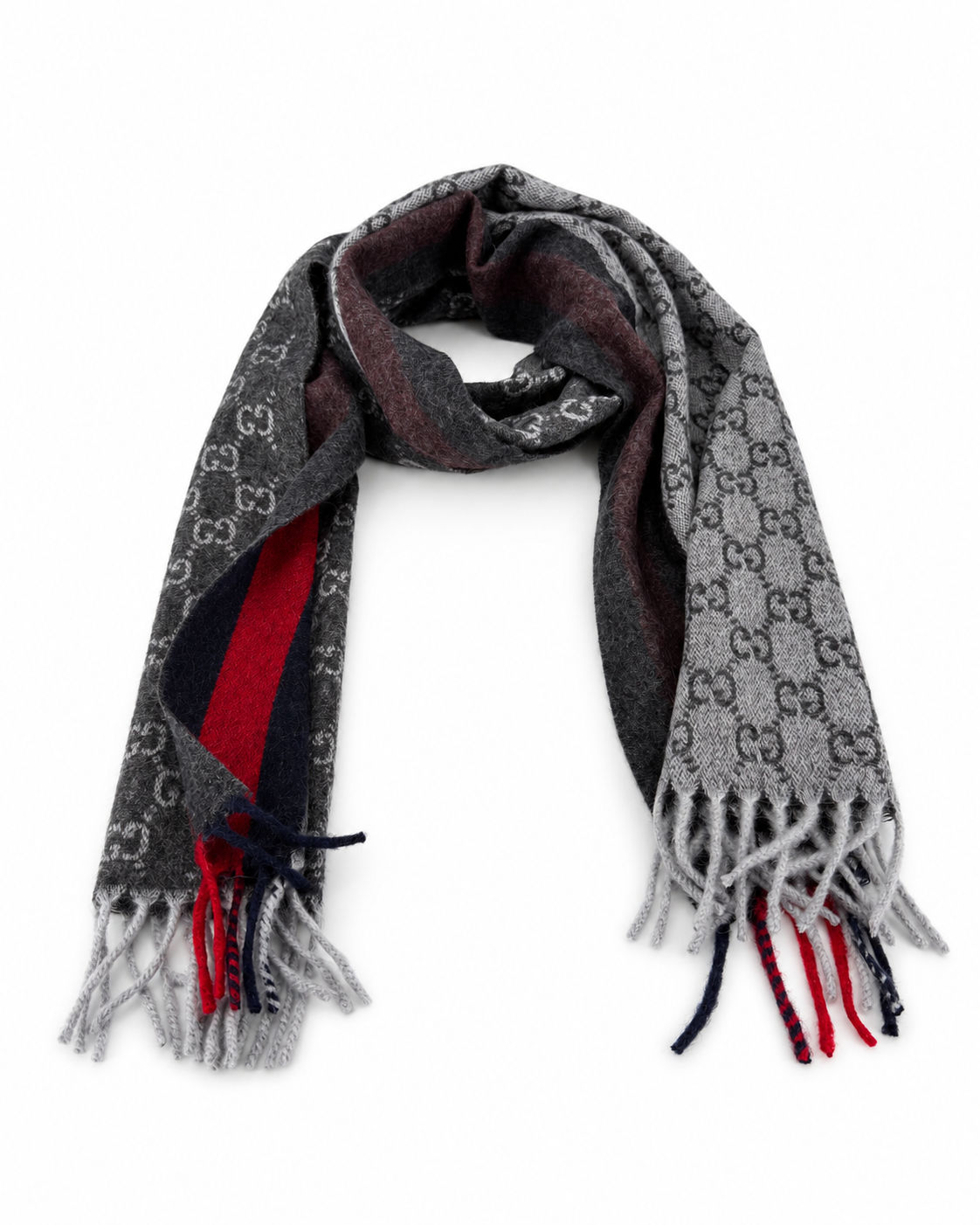 Gucci Monogram Charcoal Grey Cashmere & Wool Scarf with Red & Navy Stripe