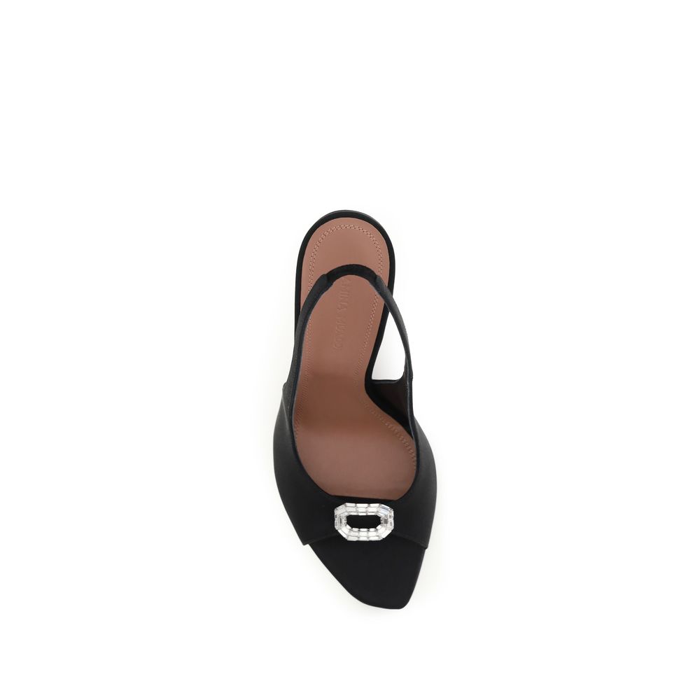 Amina Muaddi Black Satin Stiletto Heel Sandals