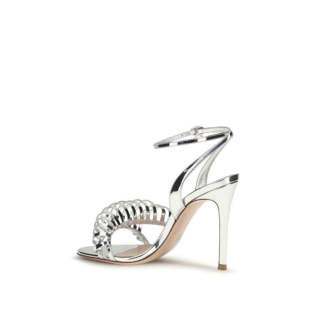 Gianvito Rossi Silver Calf Leather Bos Taurus Stiletto Heel Sandals