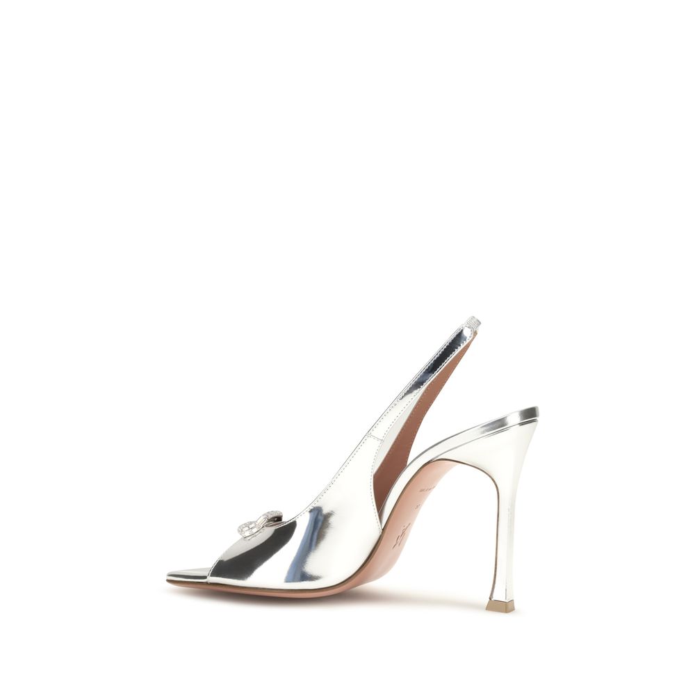 Amina Muaddi Silver Calf Leather Bos Taurus Sandals