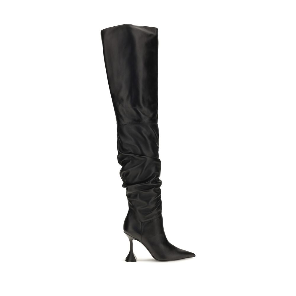 Amina Muaddi Black Calf Leather Bos Taurus Over The Knee