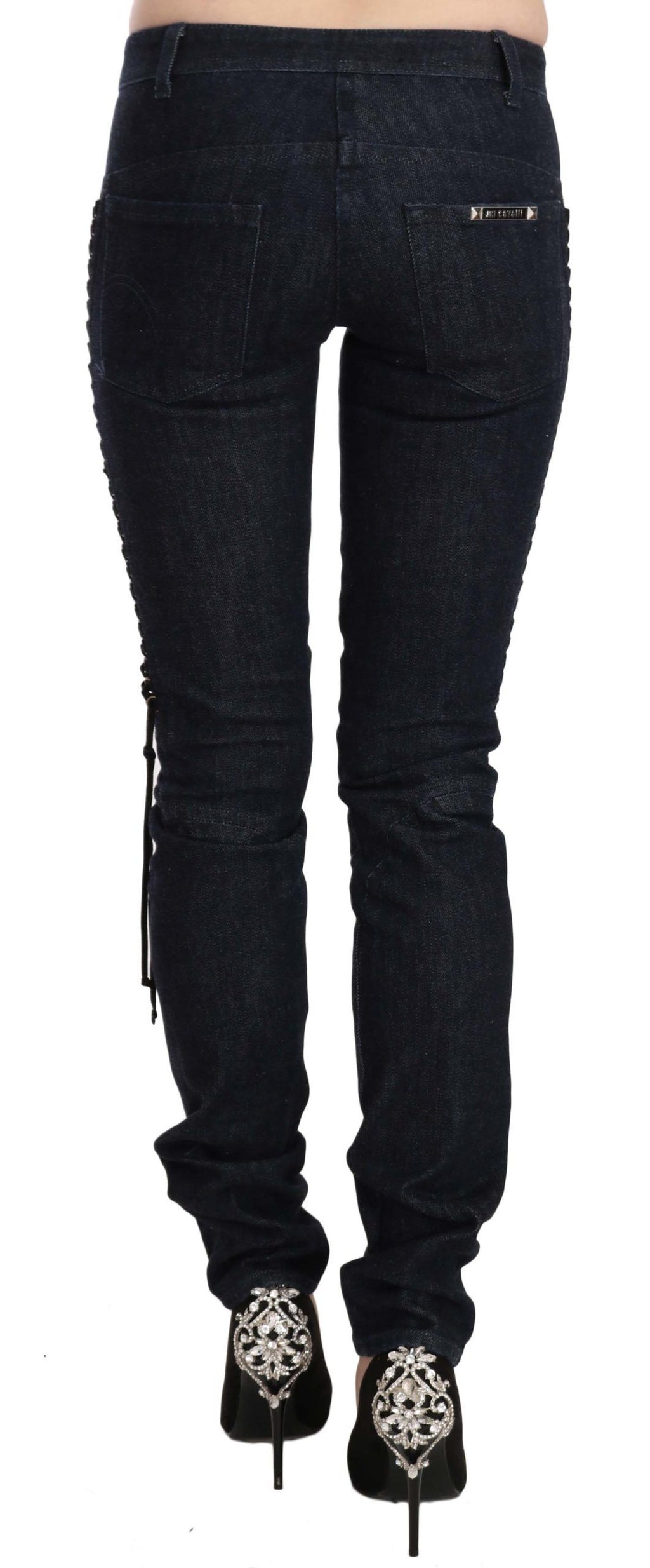 Just Cavalli Blaue Skinny-Hose mit niedriger Taille Geflochtene String-Hose