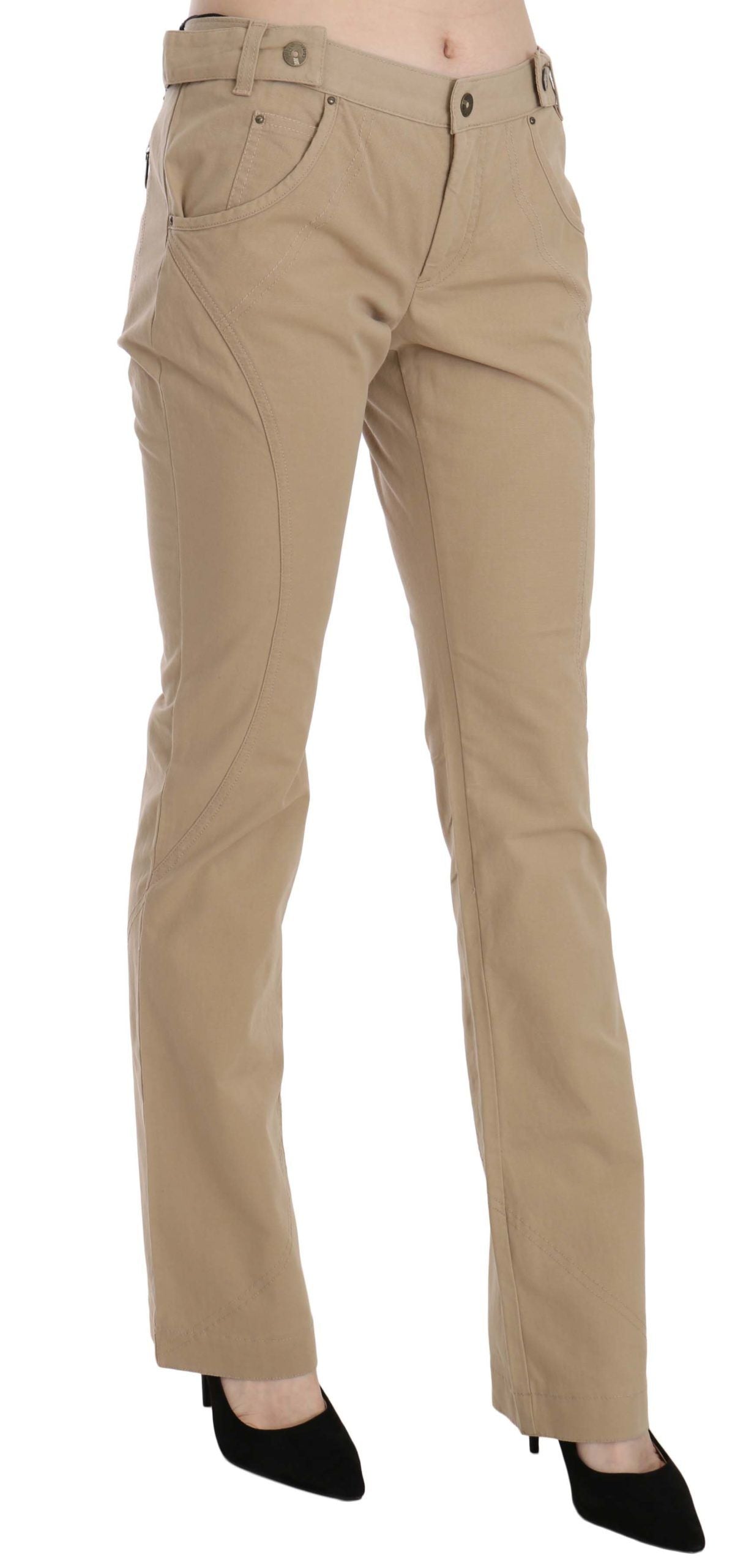 Just Cavalli Beige Cotton Mid Waist Straight Trousers Hosen