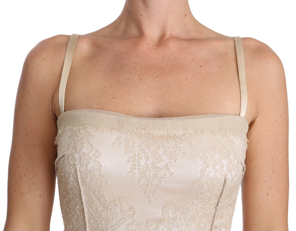 Dolce & Gabbana Beigefarbenes Spaghettiträger-Etuikleid aus Spitze