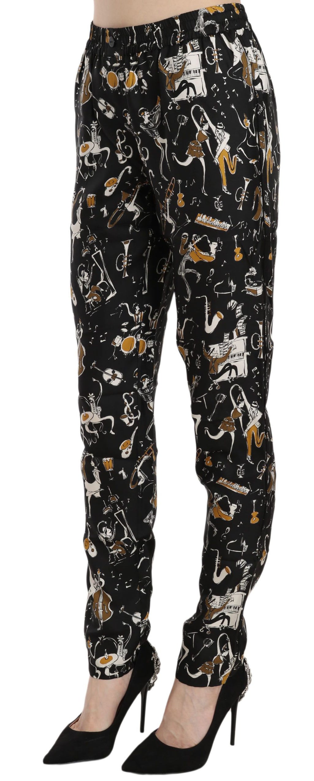 Dolce & Gabbana Schwarze Jazz Club Print Tapered Pants mit hoher Taille