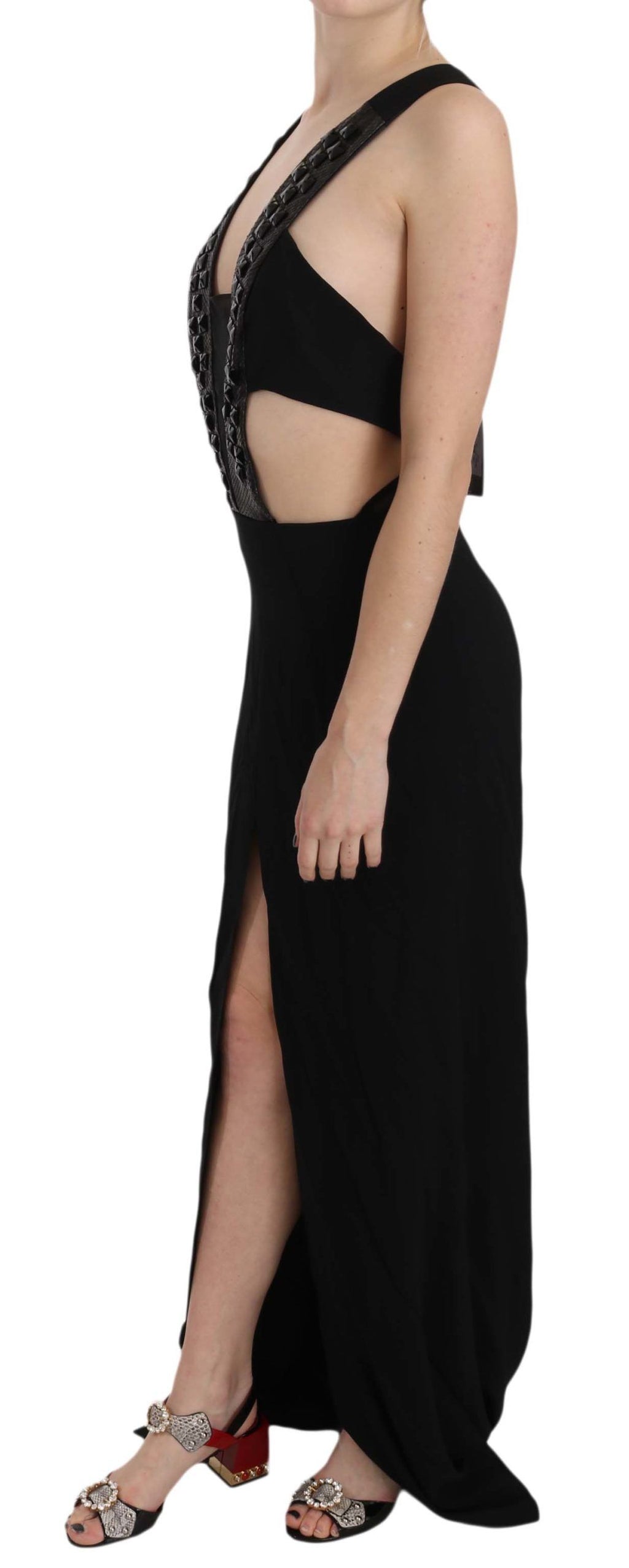 John Richmond Schwarzes Kristall-Lederkleid Flare Dress