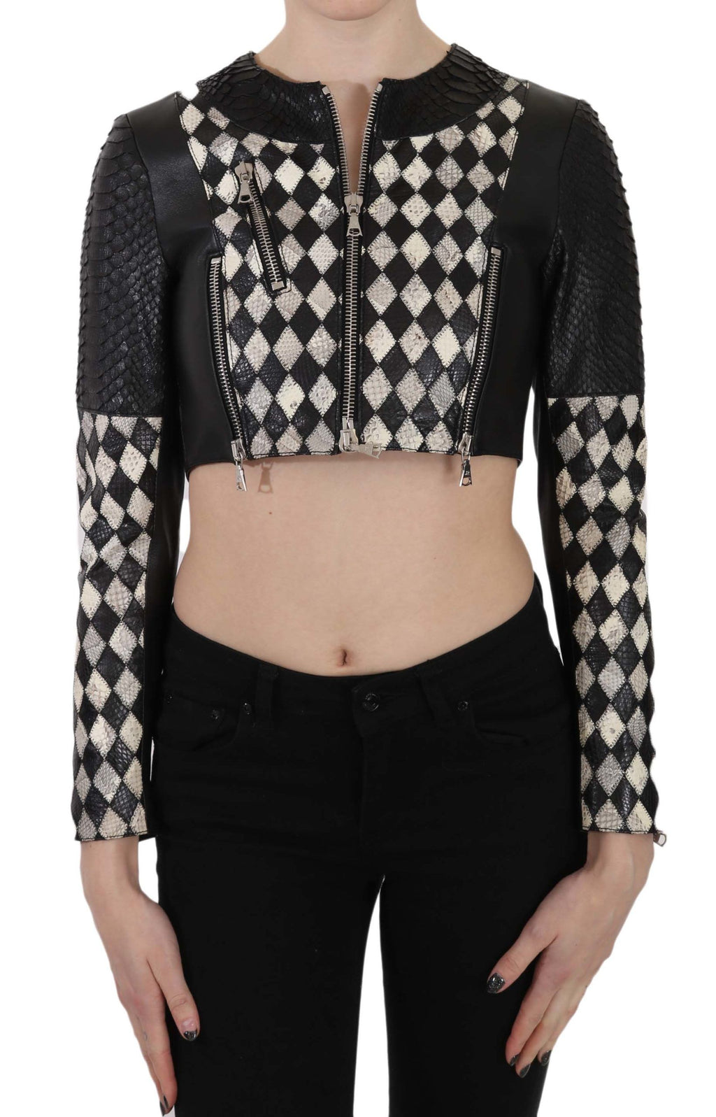 John Richmond Schwarz Weiß Leder Kurzer Cropped Biker Jacke Mantel