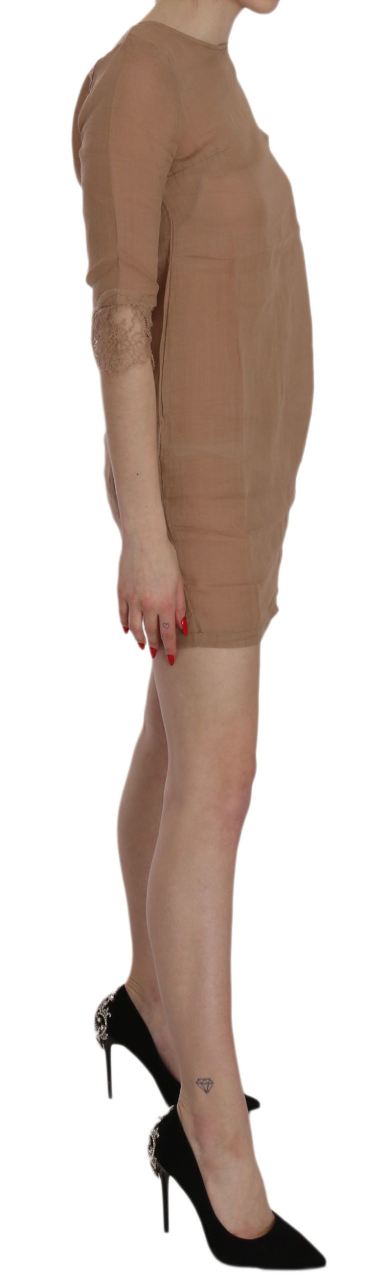 PINK MEMORIES Braunes 3/4-Ärmel-Shift-Minikleid mit Rundhalsausschnitt