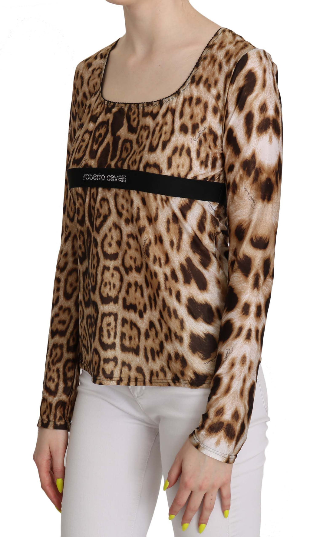 Roberto Cavalli Brauner Rundhalsausschnitt Leopard Damen Top Bluse
