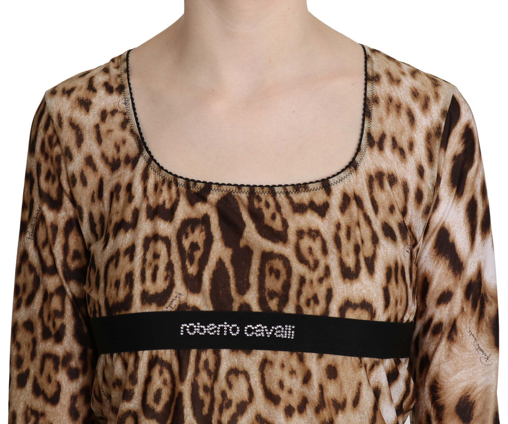 Roberto Cavalli Brauner Rundhalsausschnitt Leopard Damen Top Bluse
