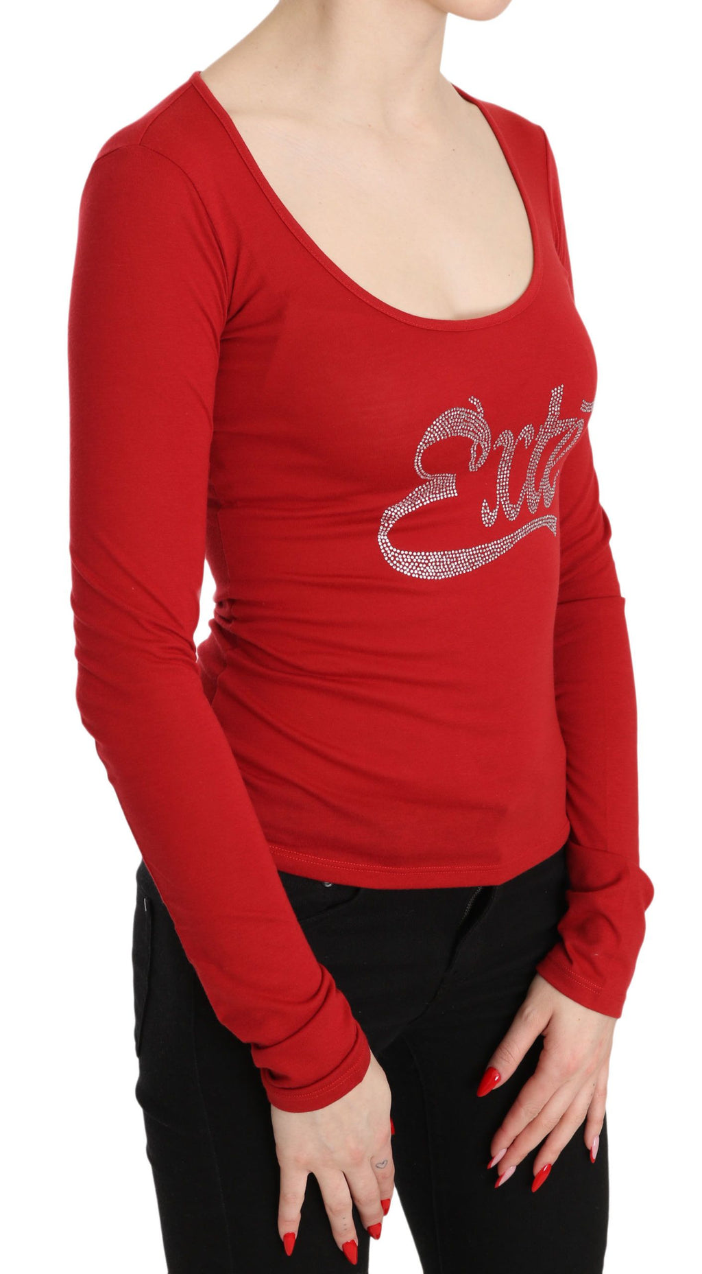 Rotes Exte Kristallverziertes Langarmtop Bluse