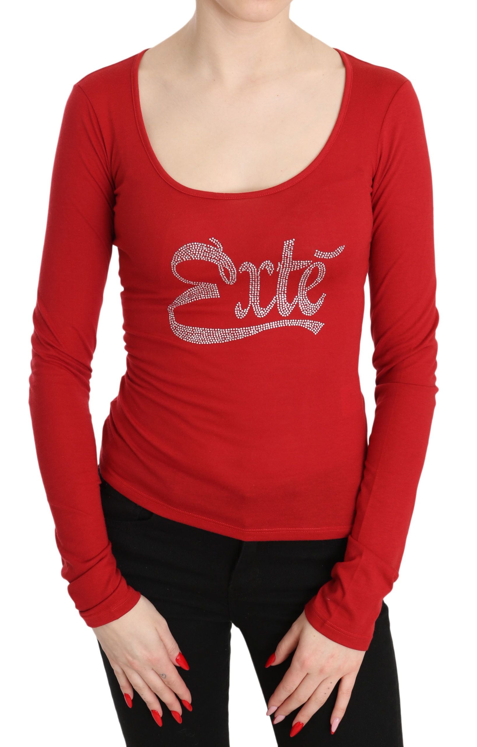 Rotes Exte Kristallverziertes Langarmtop Bluse