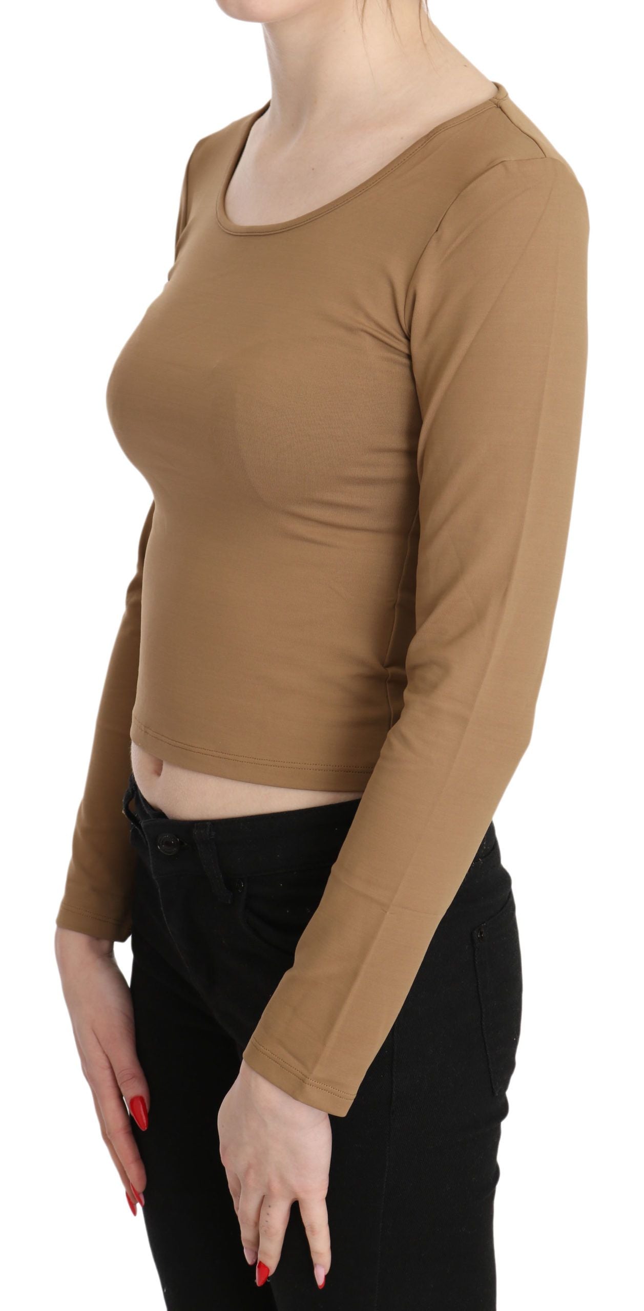 GF Ferre Brauner Rundhalsausschnitt Langärmliges schmales Crop-Top Bluse