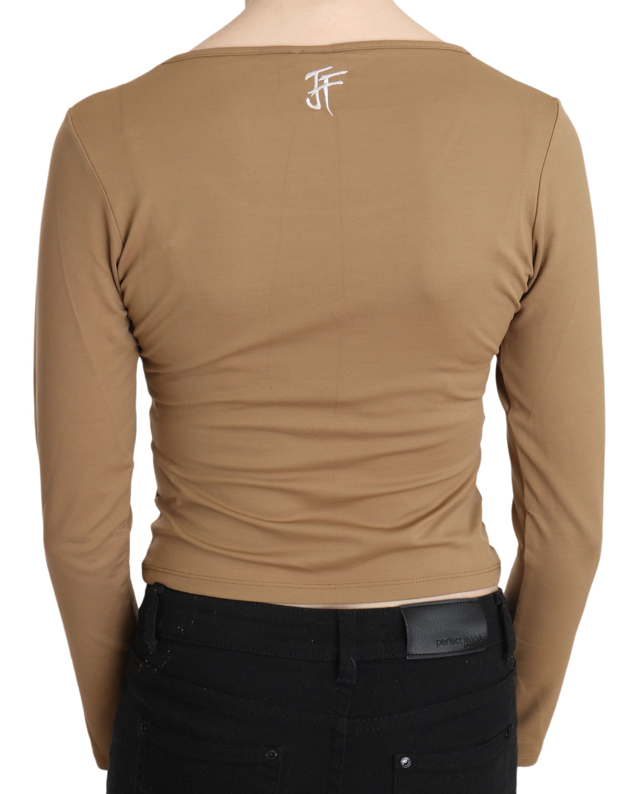 GF Ferre Brauner Rundhalsausschnitt Langärmliges schmales Crop-Top Bluse