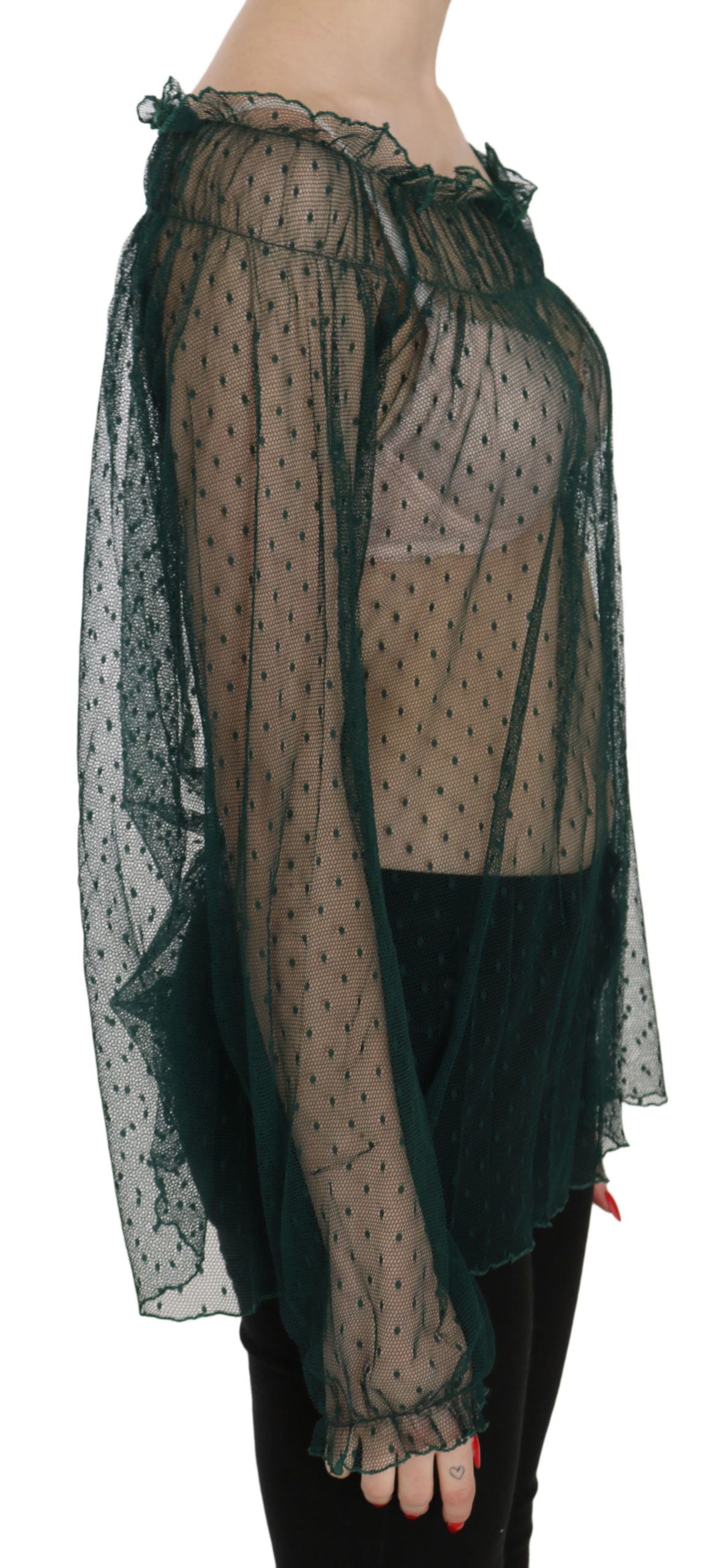 PINK MEMORIES Grünes Mesh-See-Through-Top mit langen Ärmeln Bluse