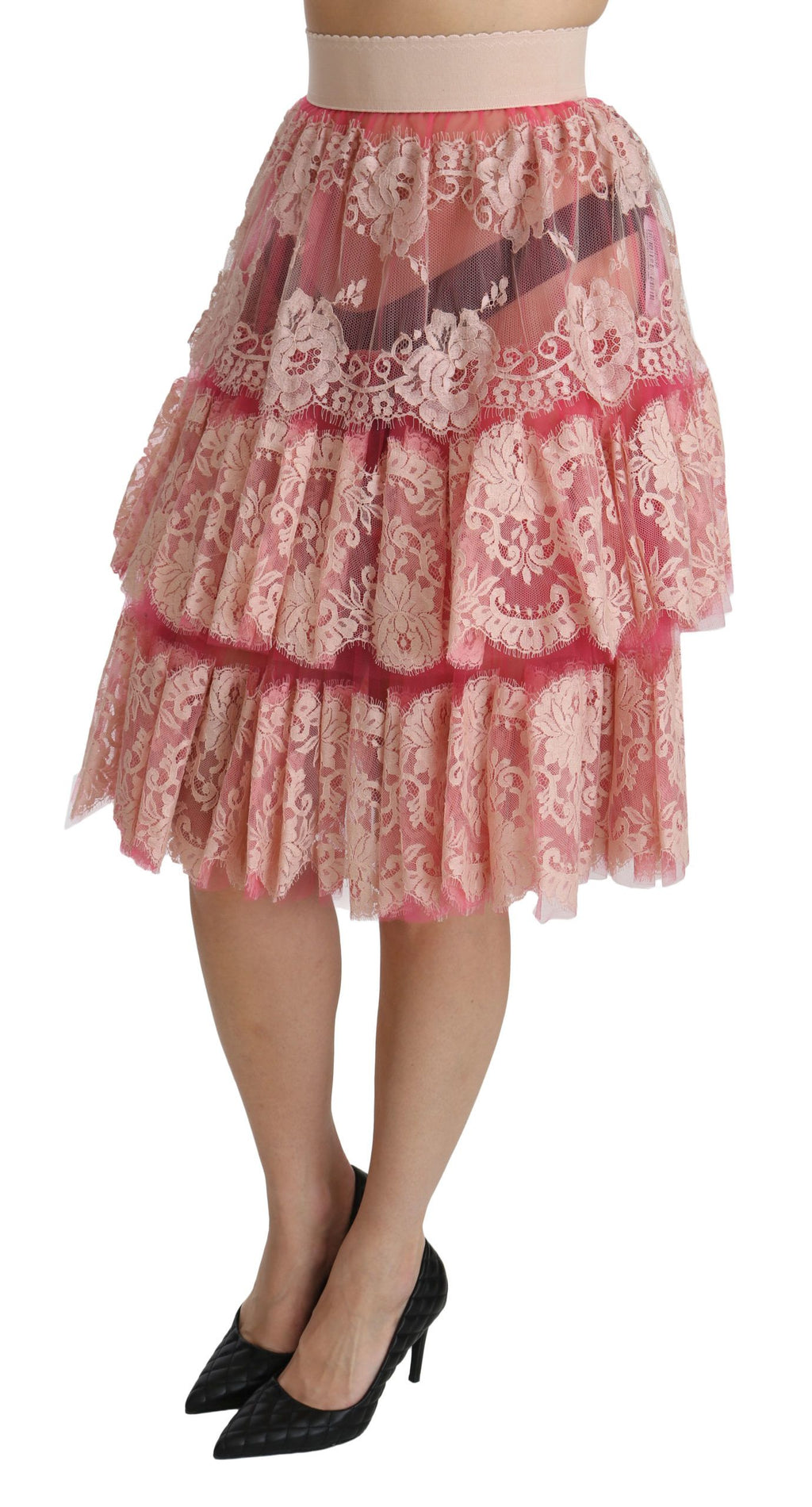 Dolce & Gabbana Rosa Spitze, geschichtet, hohe Taille, knielanger Rock