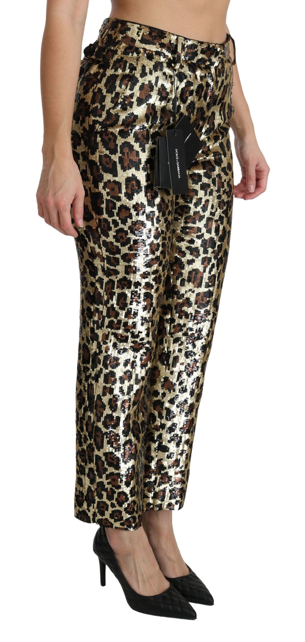 Dolce & Gabbana Braune Leoparden-Pailletten-Hose mit hoher Taille