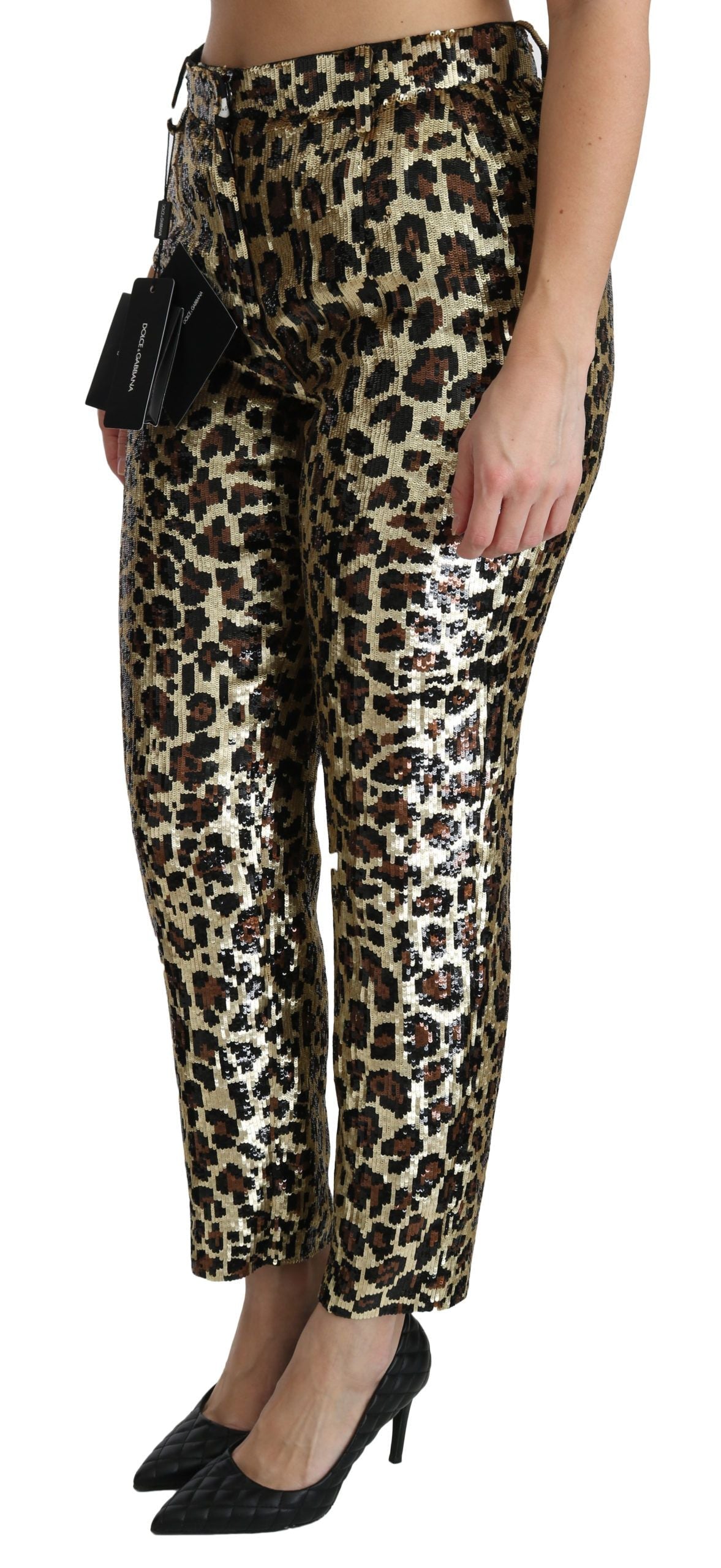 Dolce & Gabbana Braune Leoparden-Pailletten-Hose mit hoher Taille