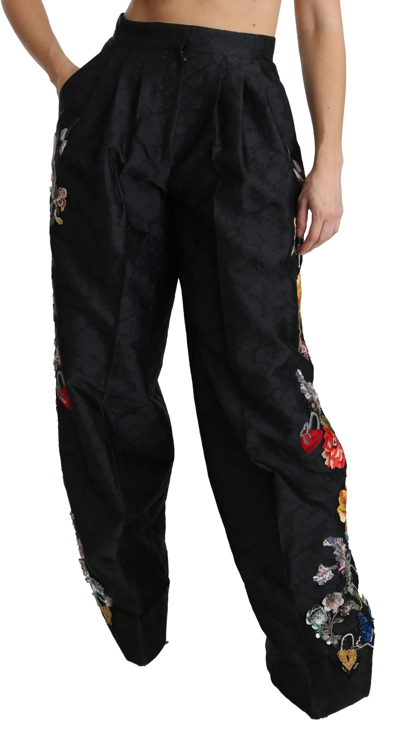 Dolce & Gabbana Schwarze Brokat-Hose mit floralen Pailletten und Perlen