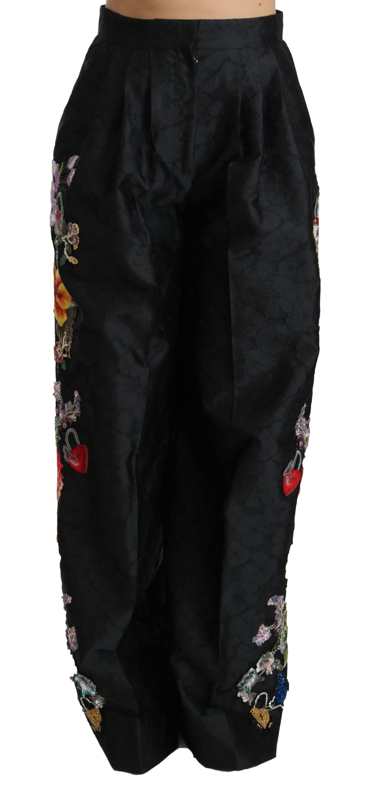 Dolce & Gabbana Schwarze Brokat-Hose mit floralen Pailletten und Perlen