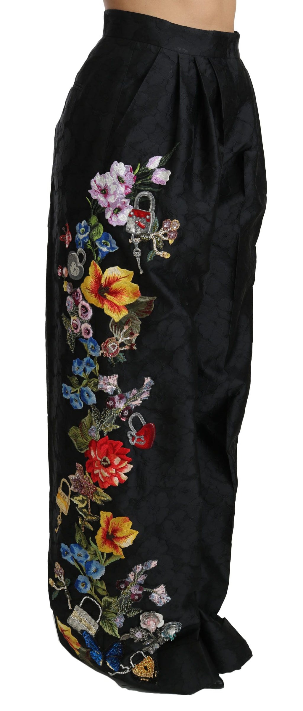 Dolce & Gabbana Schwarze Brokat-Hose mit floralen Pailletten und Perlen