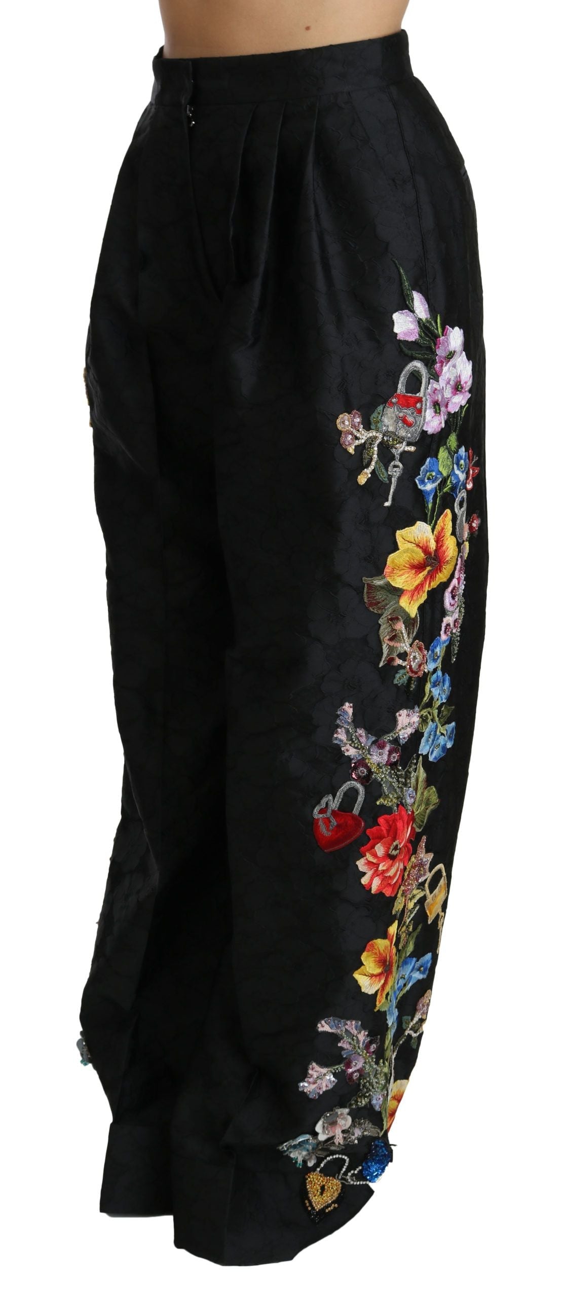 Dolce & Gabbana Schwarze Brokat-Hose mit floralen Pailletten und Perlen