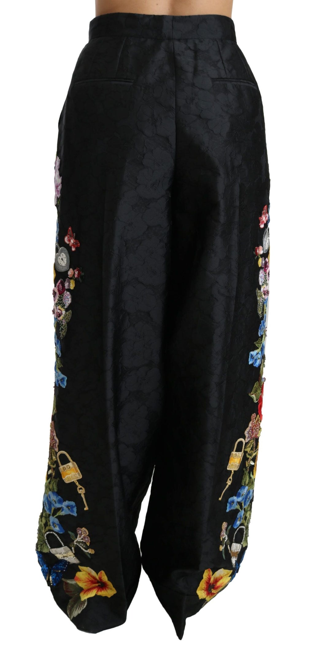Dolce & Gabbana Schwarze Brokat-Hose mit floralen Pailletten und Perlen