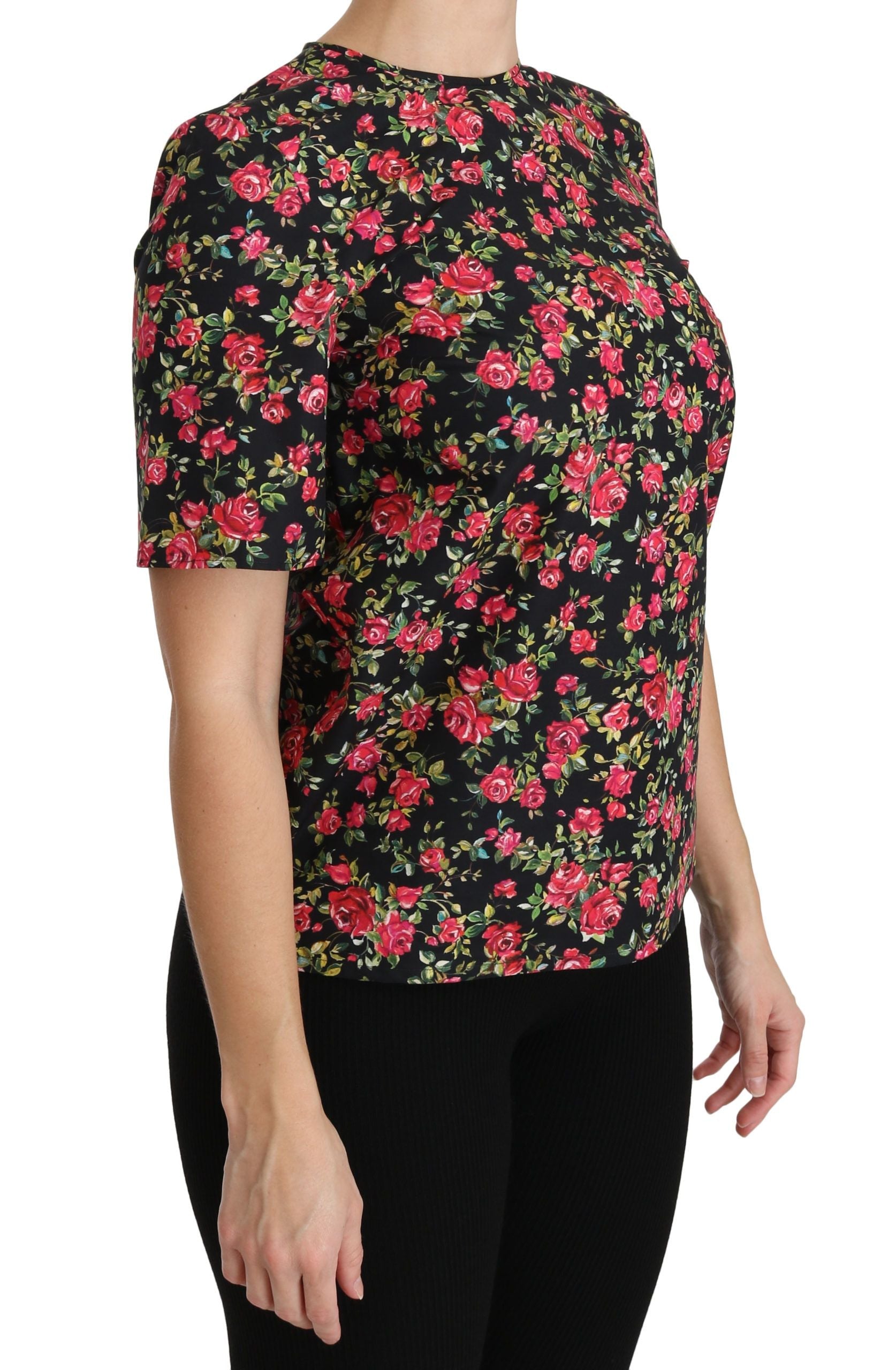 Dolce & Gabbana Schwarzes geblümtes Rosen-Top mit kurzen Ärmeln Bluse