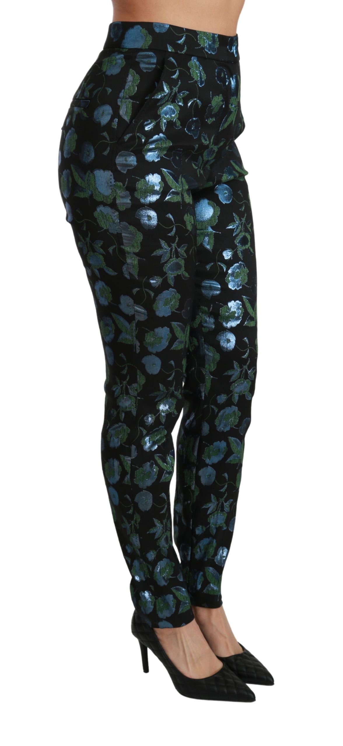 Dolce & Gabbana Blaugrüne Metallic-Hose mit Blumenmuster