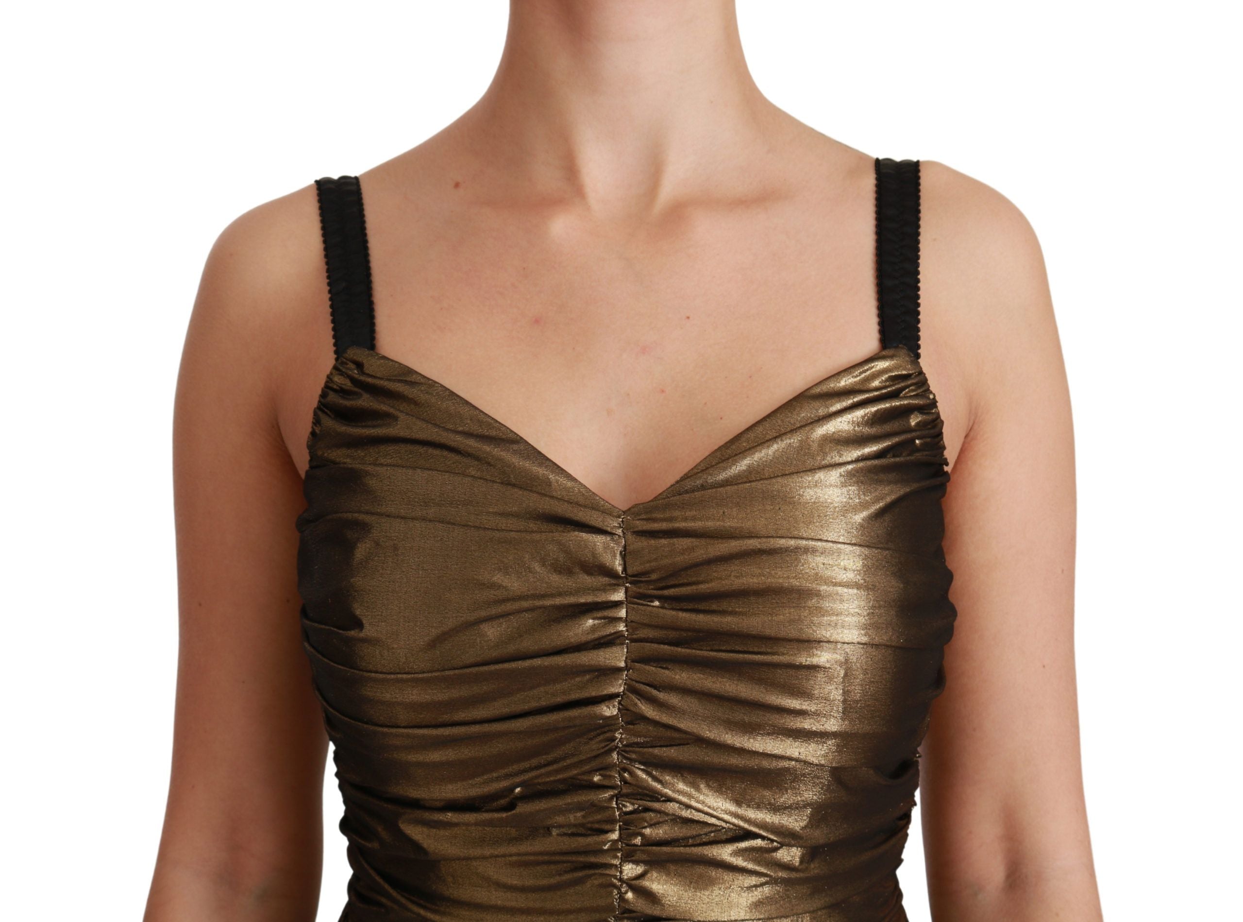 Dolce & Gabbana Gold Metallic Stretch Bodycon Kleid mit Rüschen