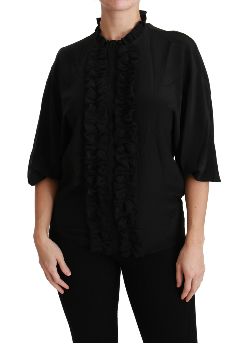 Dolce & Gabbana Schwarzes Seidenhemd Gerafftes Top Bluse