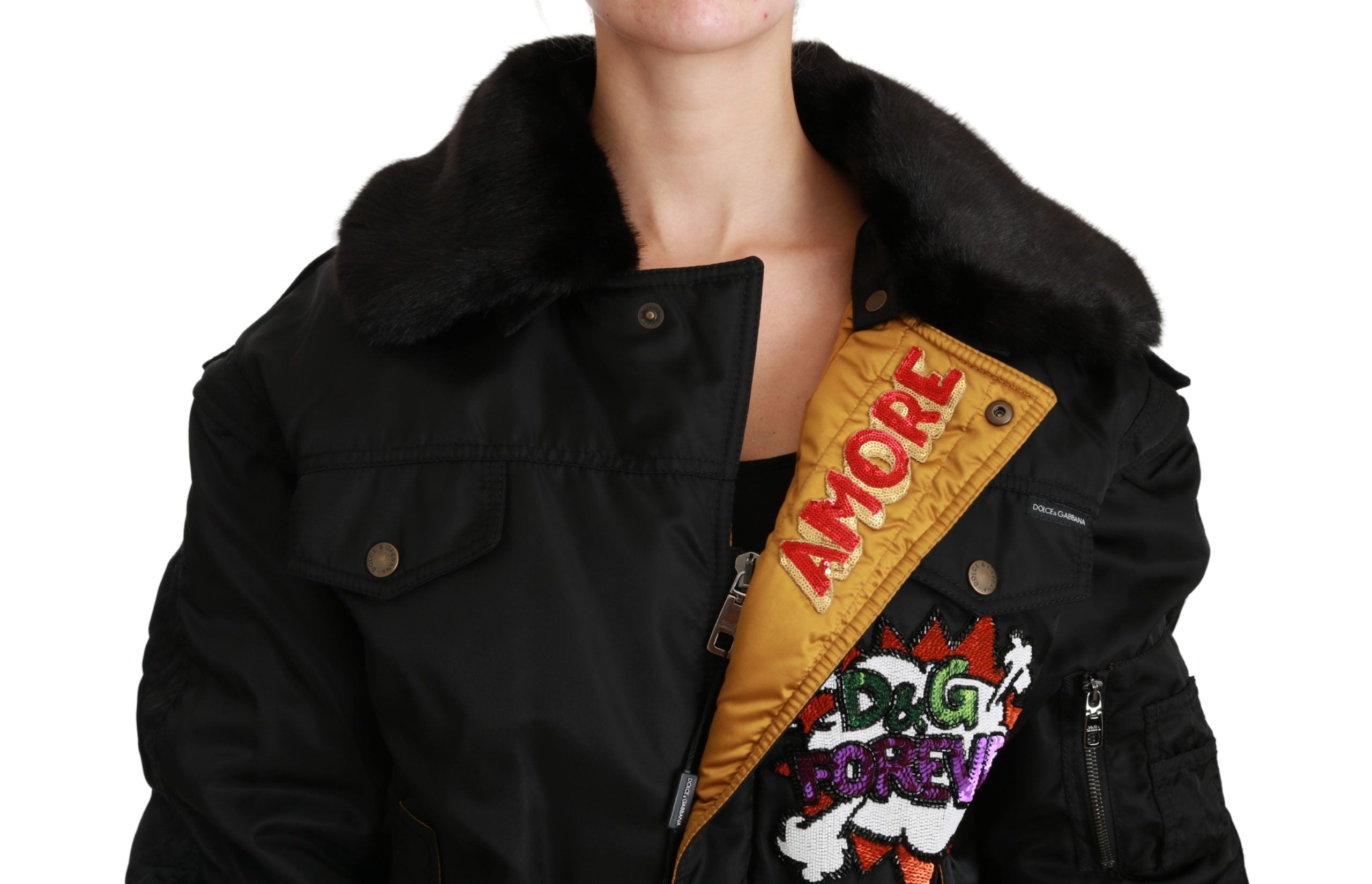 Dolce & Gabbana Schwarze Queen Crown Pailletten-Bomberjacke