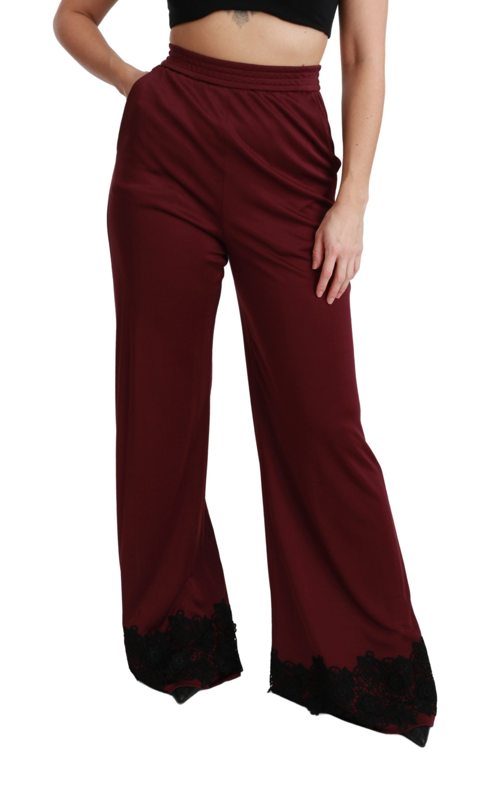 Dolce & Gabbana Schwarze Hose mit hoher Taille und weitem Bein aus Spitze in Maroon