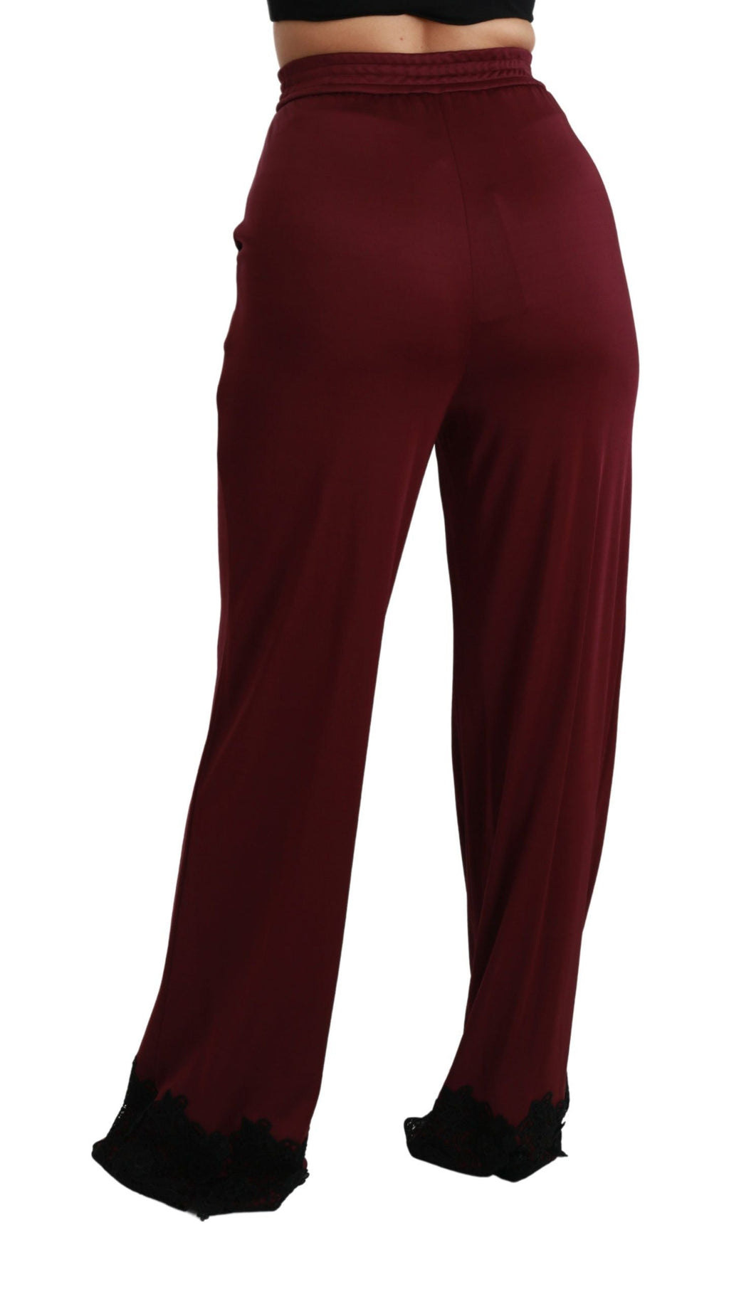 Dolce & Gabbana Schwarze Hose mit hoher Taille und weitem Bein aus Spitze in Maroon