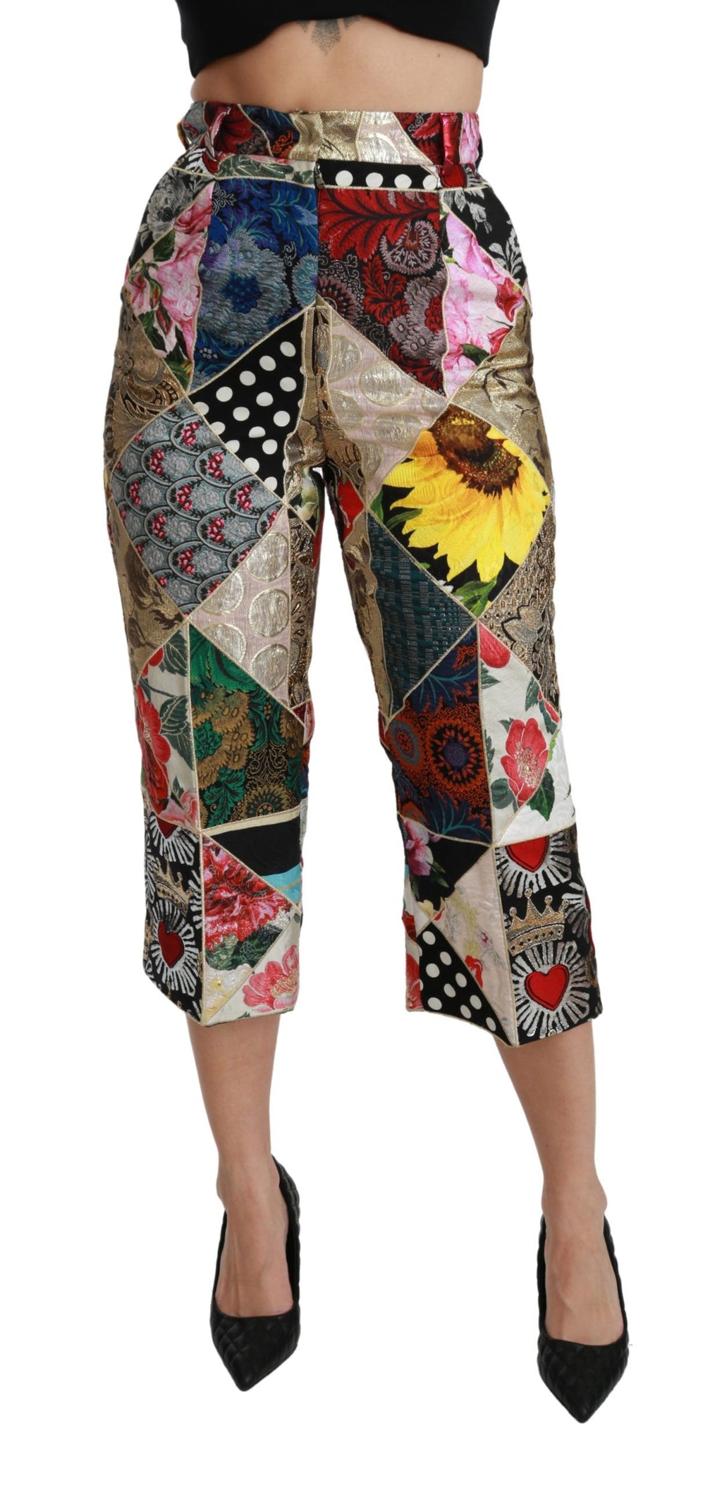 Dolce & Gabbana Mehrfarbig bedruckte Seidenhose mit hoher Taille und verkürzter Hose