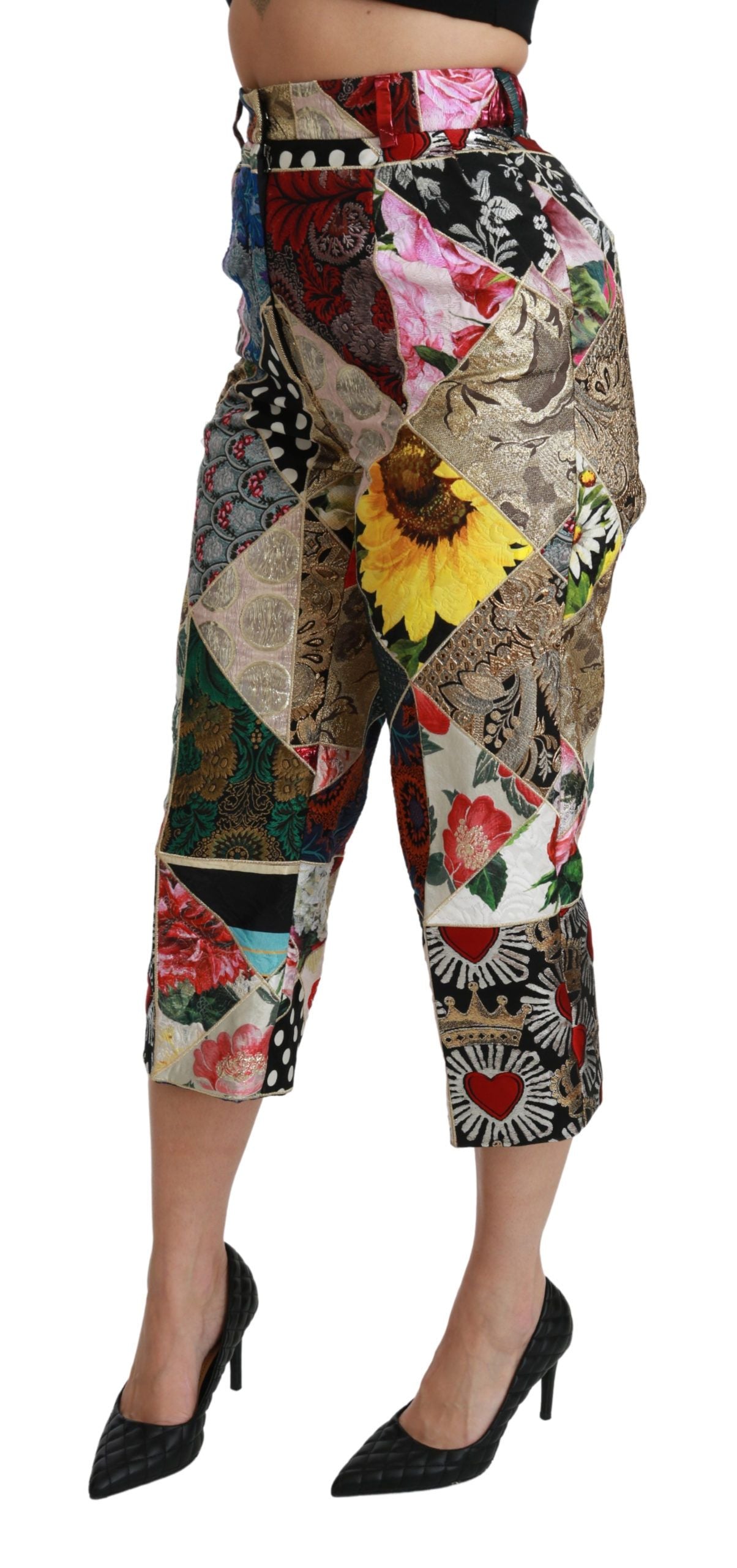 Dolce & Gabbana Mehrfarbig bedruckte Seidenhose mit hoher Taille und verkürzter Hose