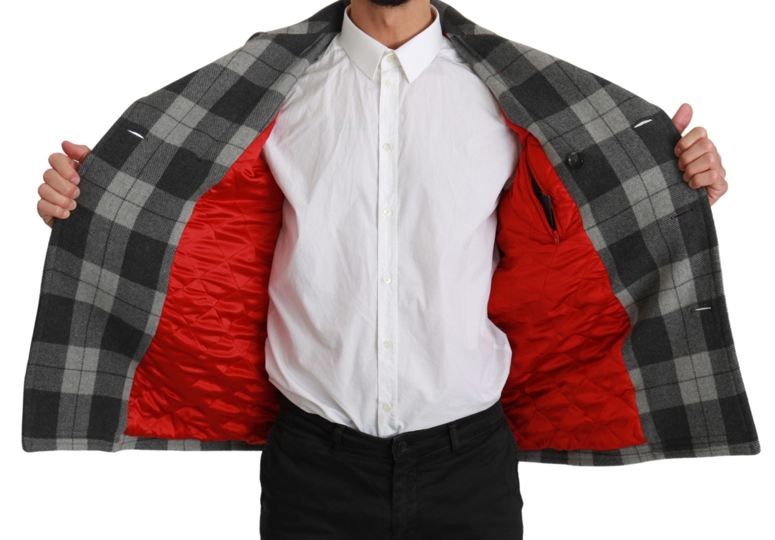 Dolce & Gabbana Grauer karierter Wollkaschmirmantel Jacke