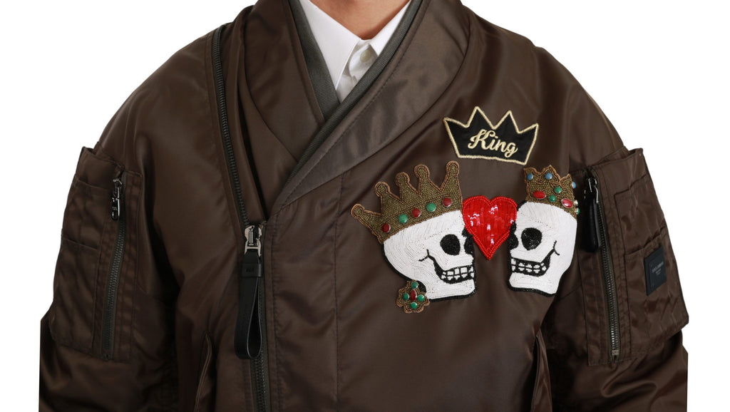 Dolce & Gabbana Braune Perlenkrone Totenkopf Logo Jacke