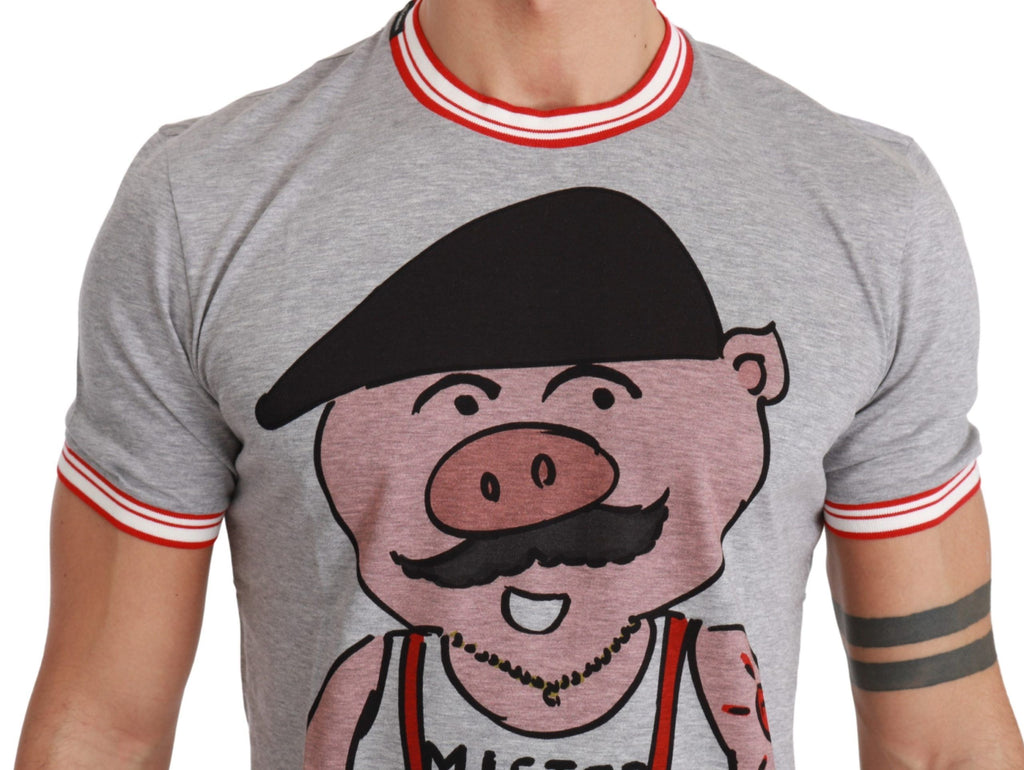 Dolce & Gabbana Graues Baumwoll-Top 2019 Jahr des Schweins T-shirt