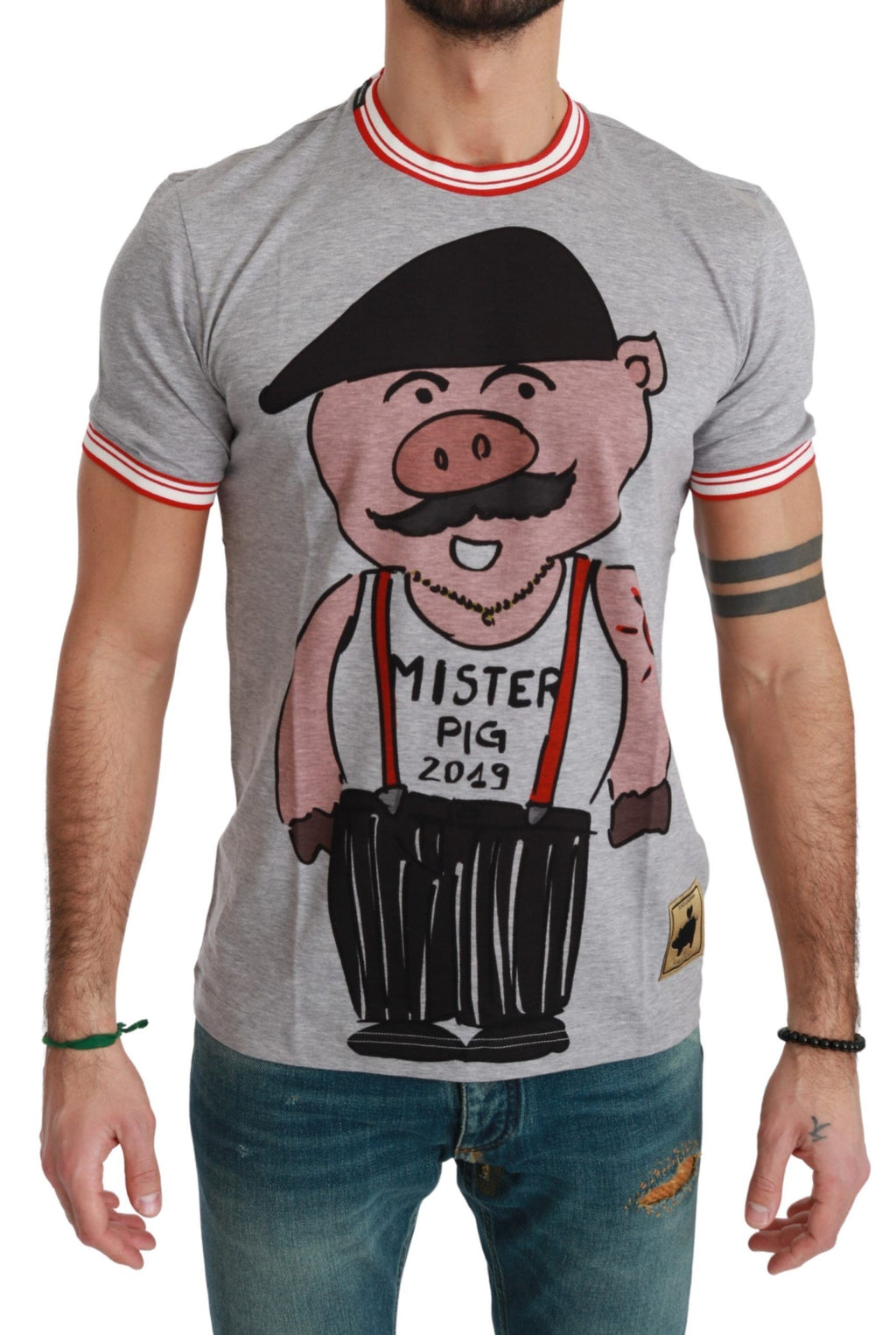 Dolce & Gabbana Graues Baumwoll-Top 2019 Jahr des Schweins T-shirt