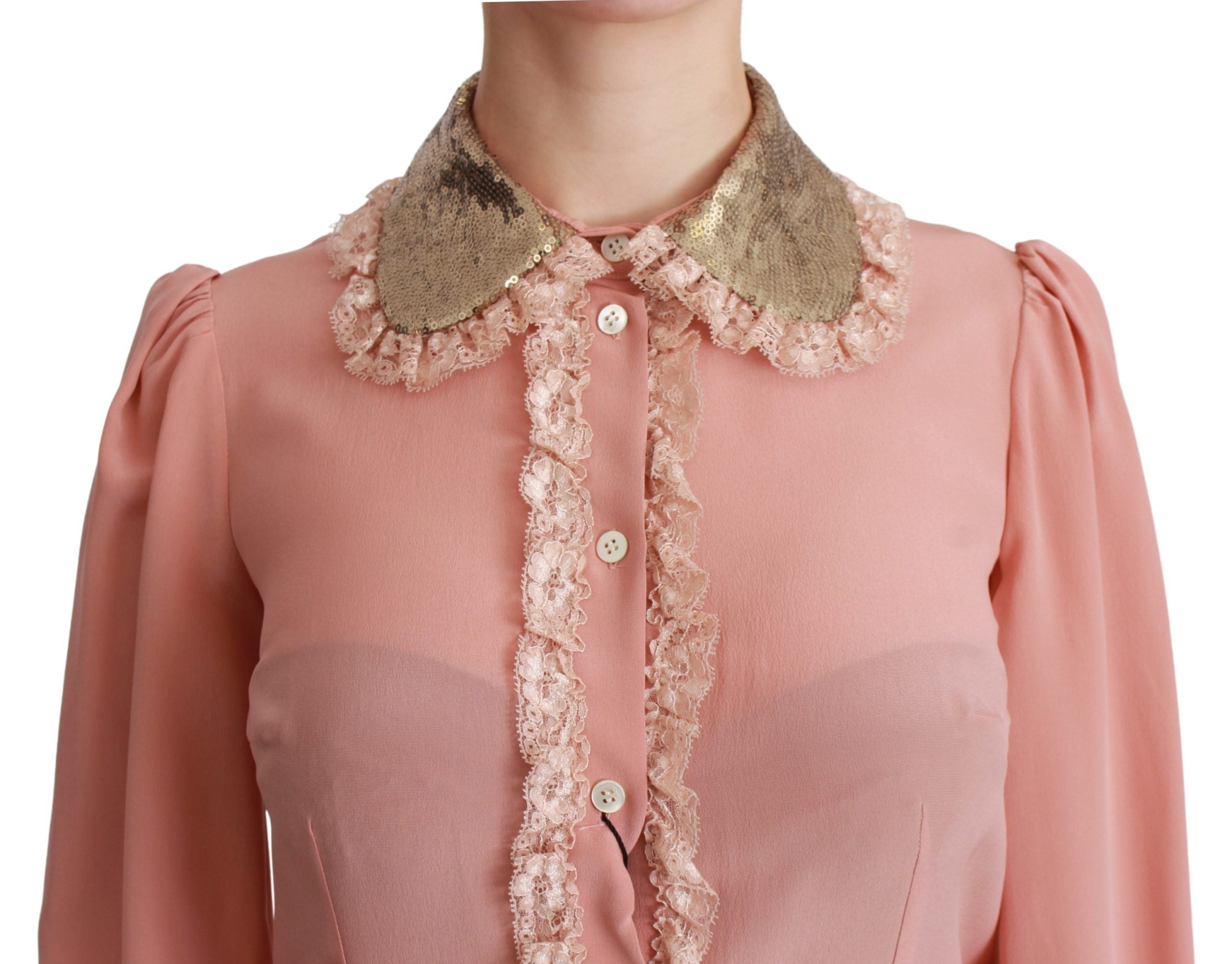 Dolce & Gabbana Rosa Seide Gold Pailletten Spitze Bluse Shirt