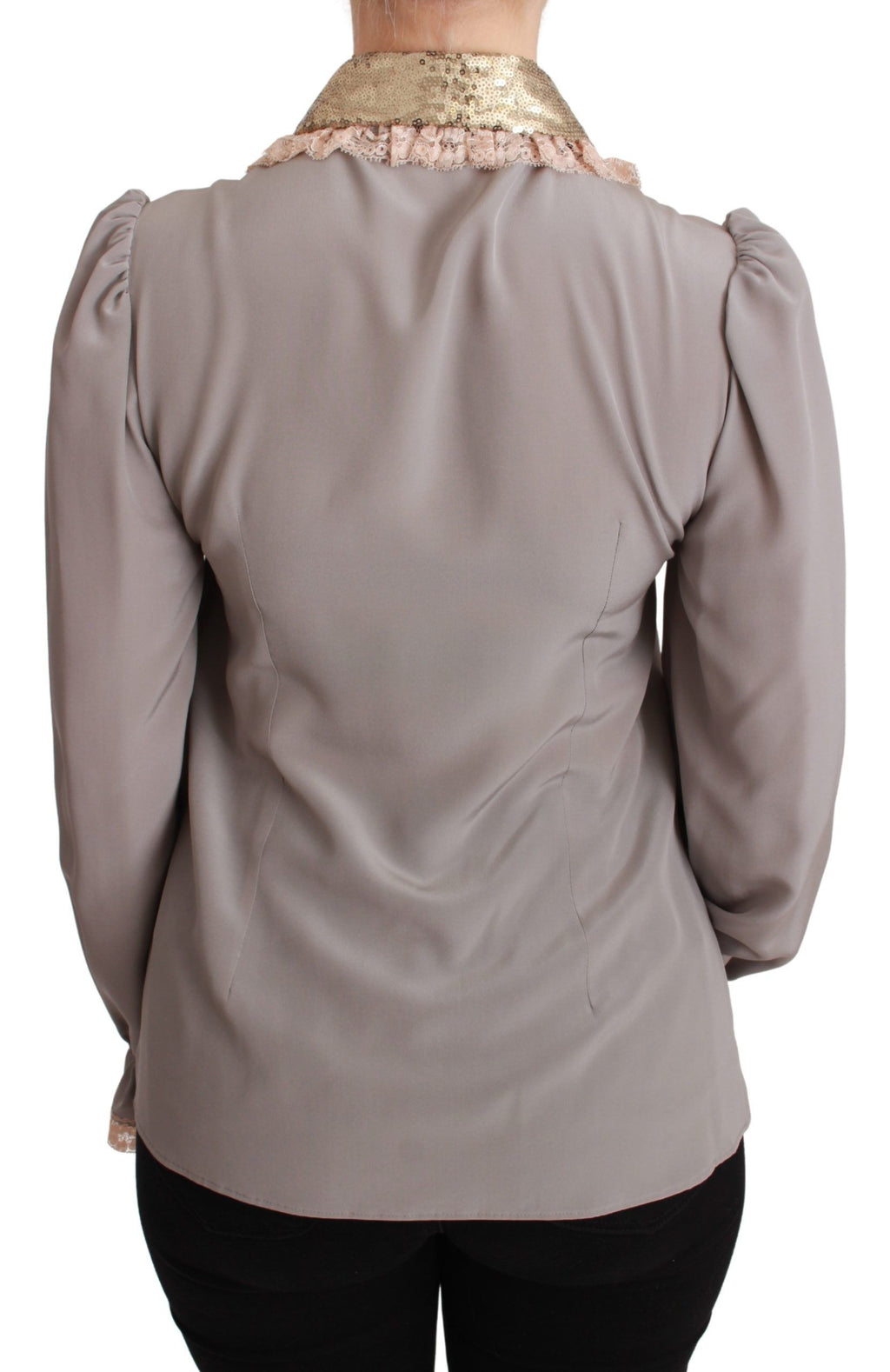 Dolce & Gabbana Graue Seide Gold Pailletten Spitze Bluse Hemd