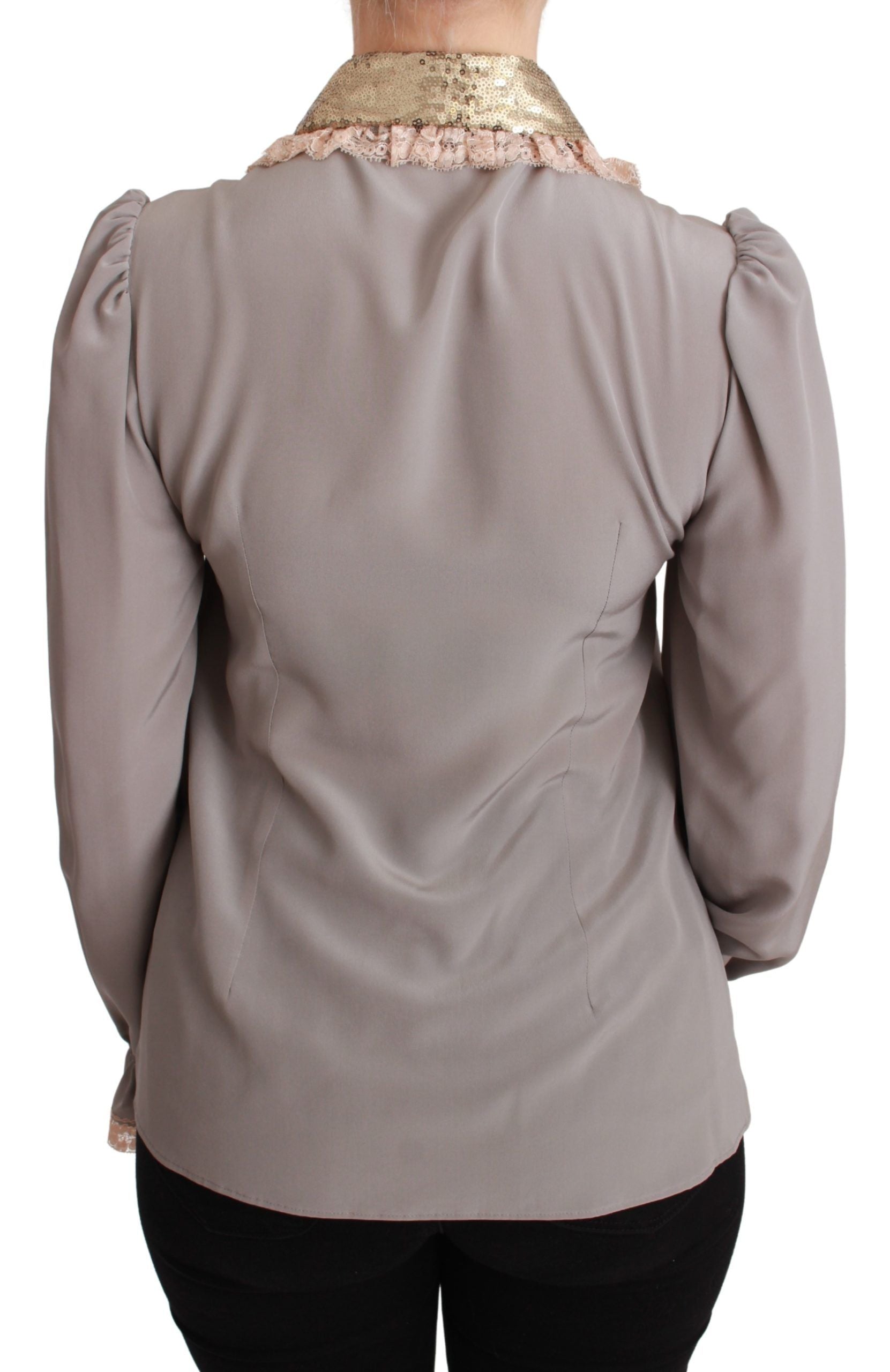 Dolce & Gabbana Graue Seide Gold Pailletten Spitze Bluse Hemd