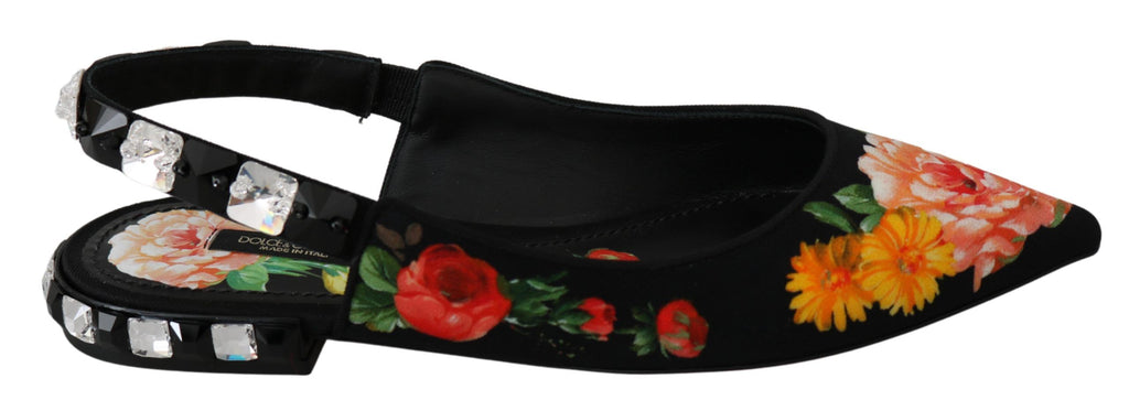 Dolce & Gabbana Schwarze florale Kristall-Slingpumps flach