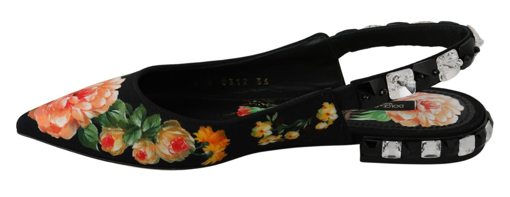 Dolce & Gabbana Schwarze florale Kristall-Slingpumps flach