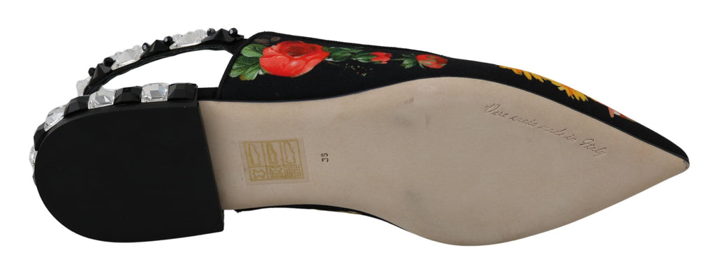 Dolce & Gabbana Schwarze florale Kristall-Slingpumps flach