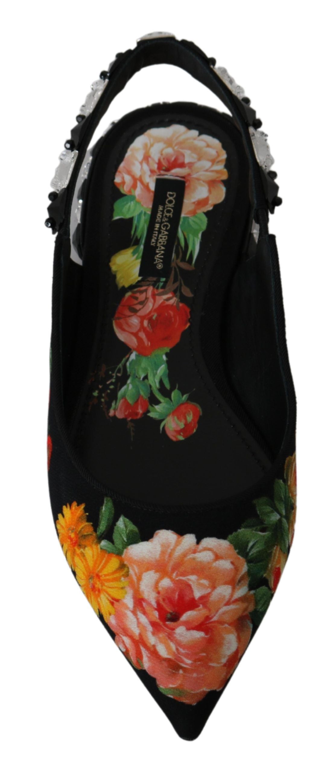 Dolce & Gabbana Schwarze florale Kristall-Slingpumps flach