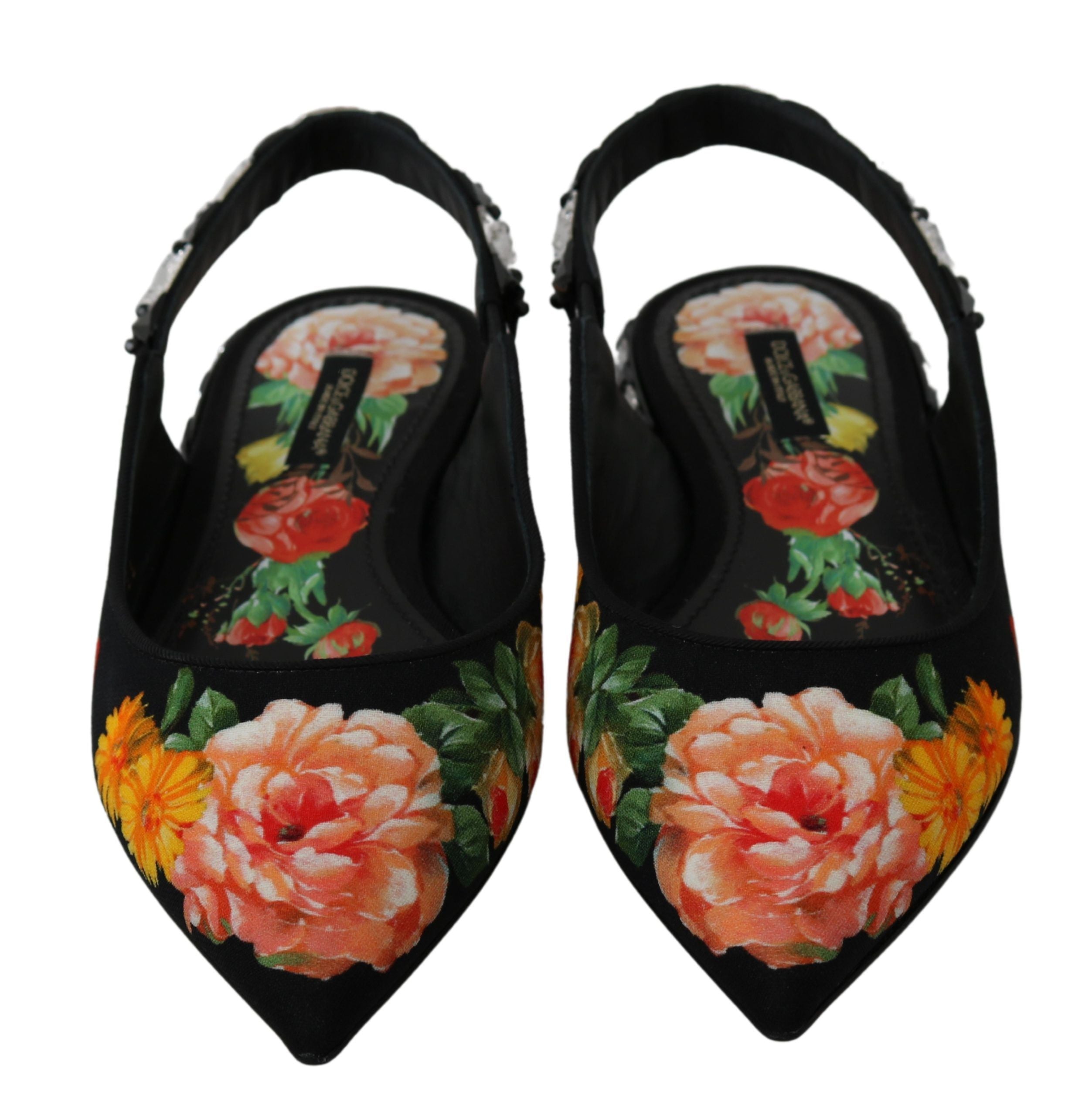 Dolce & Gabbana Schwarze florale Kristall-Slingpumps flach