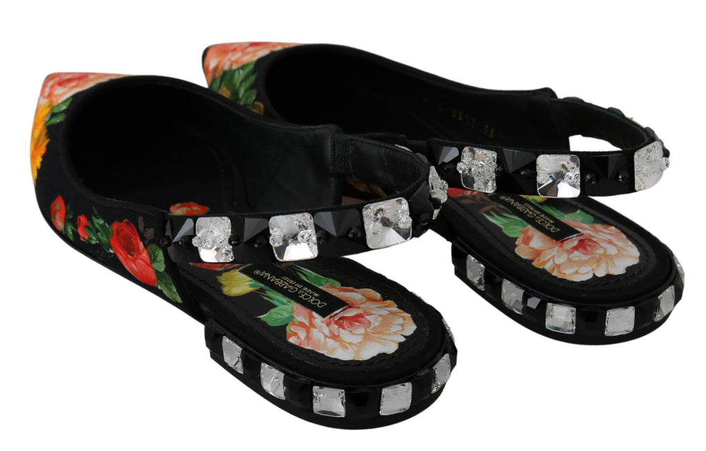 Dolce & Gabbana Schwarze florale Kristall-Slingpumps flach