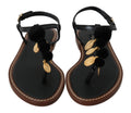 Dolce & Gabbana Schwarze Leder Flip Flops Sandalen mit Münzen